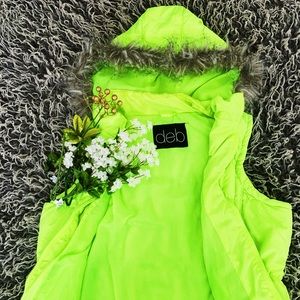 Neon Yellow Puffer Fur-Hooded DEB Vest💛